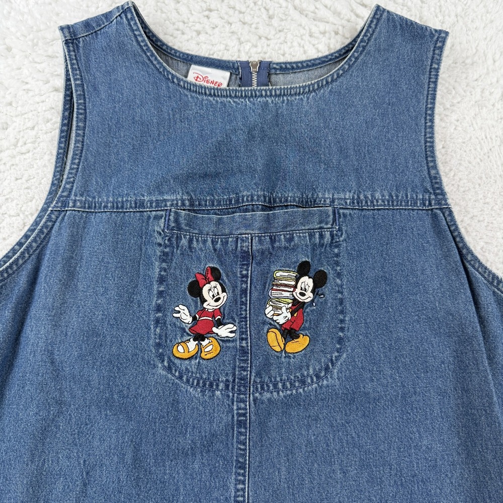 Vintage Disney Dress Womens Medium Denim Mickey Minnie Embroidered Maxi Pockets